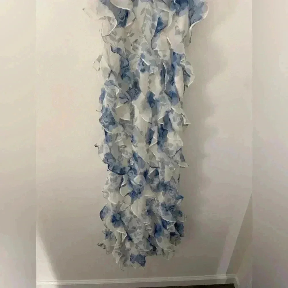 NWOT Anthropologie BHLDN Jia Printed Bias-Cut Ruffled V-Neck Gown Maxi Blue Sz 2 - Picture 4 of 7